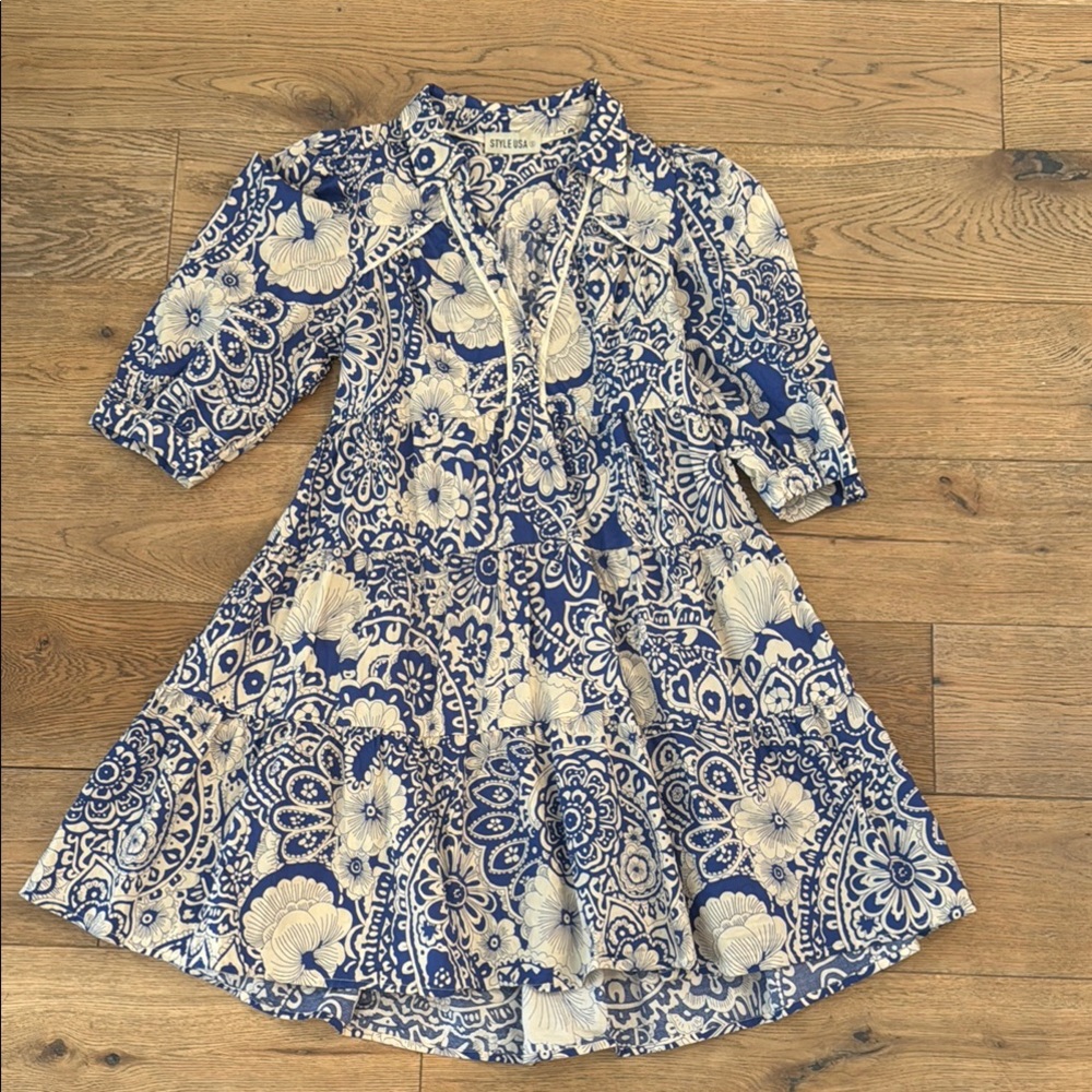 Blue and White Tiered Midi Sundress with Puff Sleeves